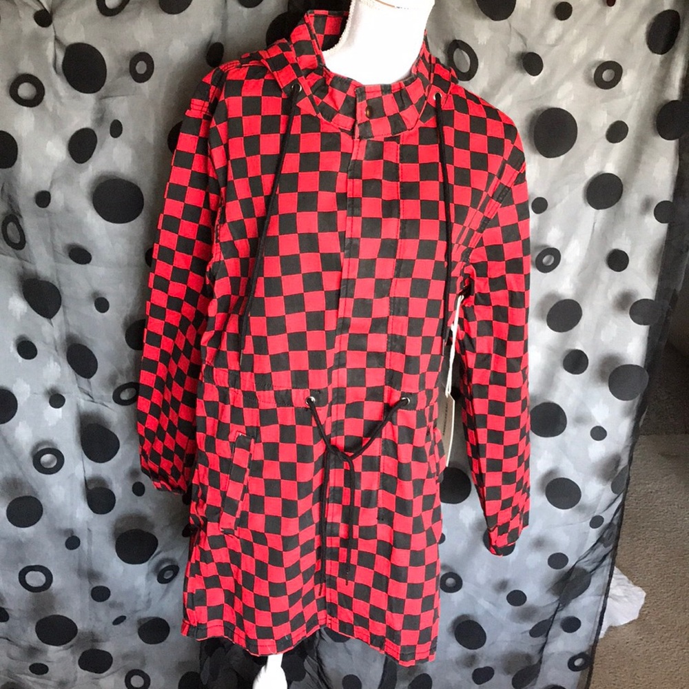 Checkered hooded zip/button drawstring jacket - Picture 2 of 6